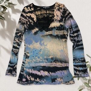Anama Y2K Abstract Rhinestone Embellished Long Sleeve Top Black Blue Large